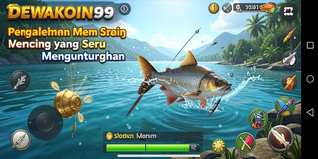 Menggambarkan gameplay seru DEWAKOIN99 saat memancing ikan besar.