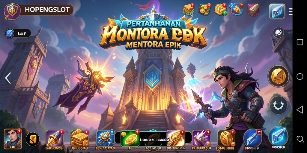 Tangkapan layar gameplay HOPENGSLOT menampilkan pertahanan menara yang intens.
