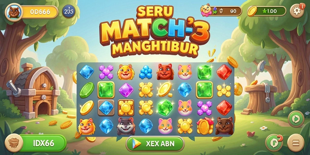 Gameplay Match-3 yang seru dan penuh warna.