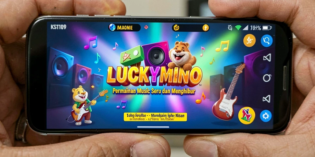 Screenshot gameplay LUCKYMINO menampilkan antarmuka permainan musik yang menarik.