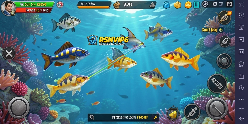 Screenshot gameplay RSNVIP6 dengan aksi menembak ikan.